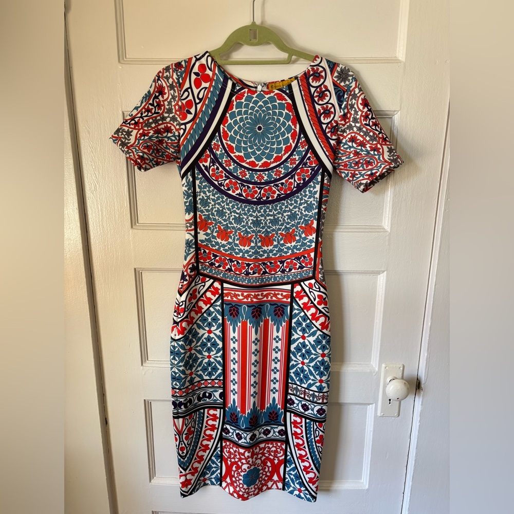 Pankaj & Nidhi Dress Medium Blue Red White Mosaic Boho Short Sleeve